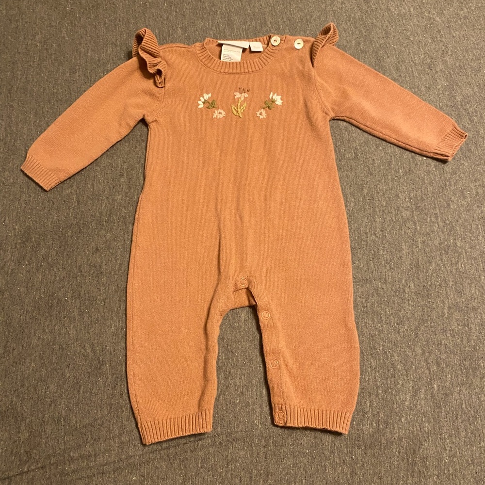 3 month girls Elegant Baby rust color coverall with flowers design